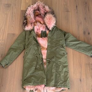 Authentic Mr&Mrs Olive Green Parka with Real Pink Fur Lining